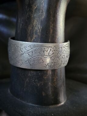 Kirk Vintage Engraved Floral Wide 7" Adjustable Pewter Cuff Bracelet